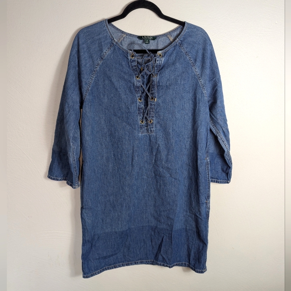 S Lauren Ralph Lauren Denim Lace Up Shift Dress w/ Pockets